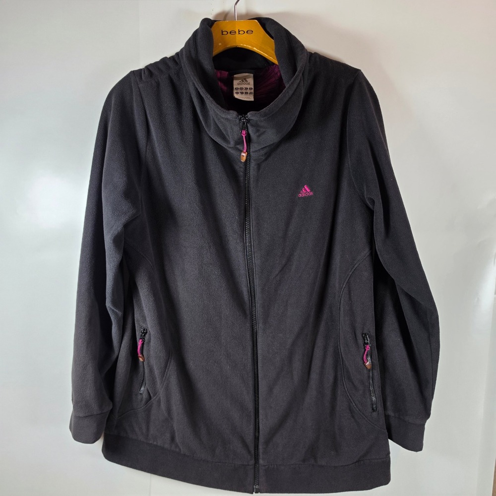 Adidas Mens XL Full Zip Fleece Jacket Black Pink Logo Mock Neck Pockets